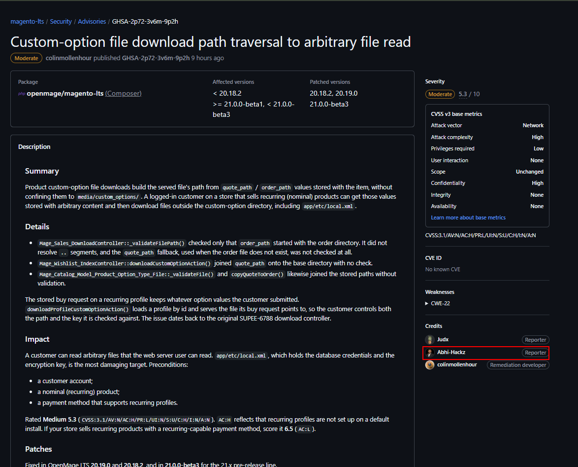 Custom-option path traversal — the GitHub Security Advisory crediting Abhi-Hackz as Reporter