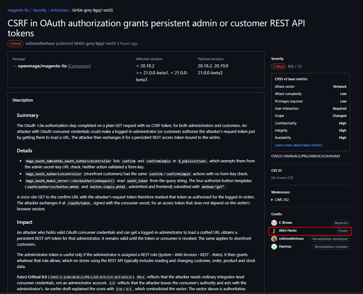 CSRF in OAuth authorization — the GitHub Security Advisory crediting Abhi-Hackz as Finder