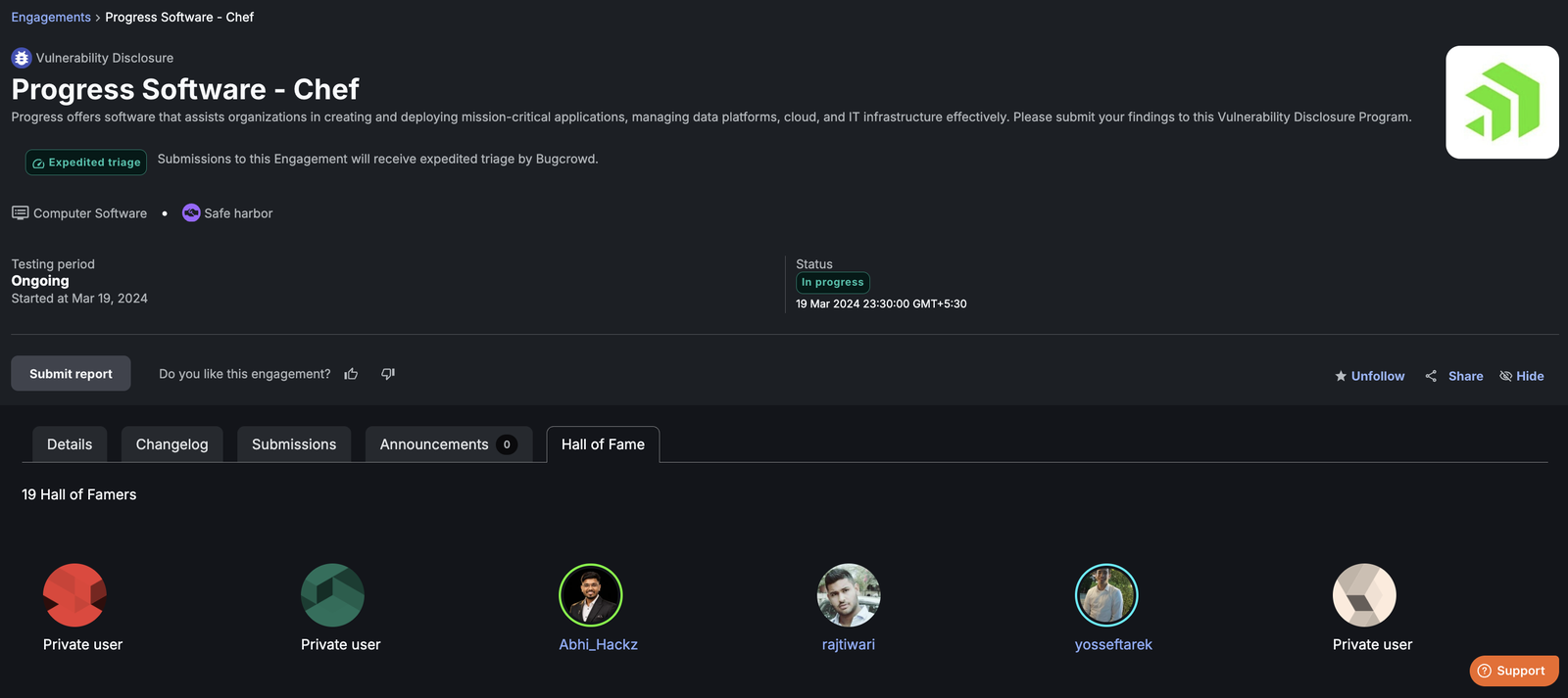 Chef VDP Hall of Fame recognition on Bugcrowd for Abhishek Bhaskar (Abhi HackZ)