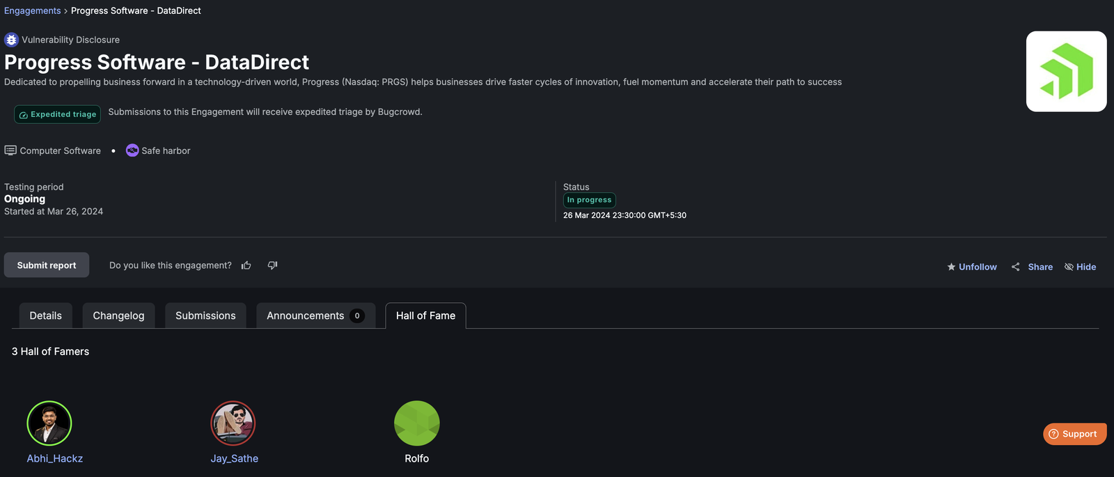 Progress DataDirect VDP Hall of Fame recognition on Bugcrowd for Abhishek Bhaskar (Abhi HackZ)