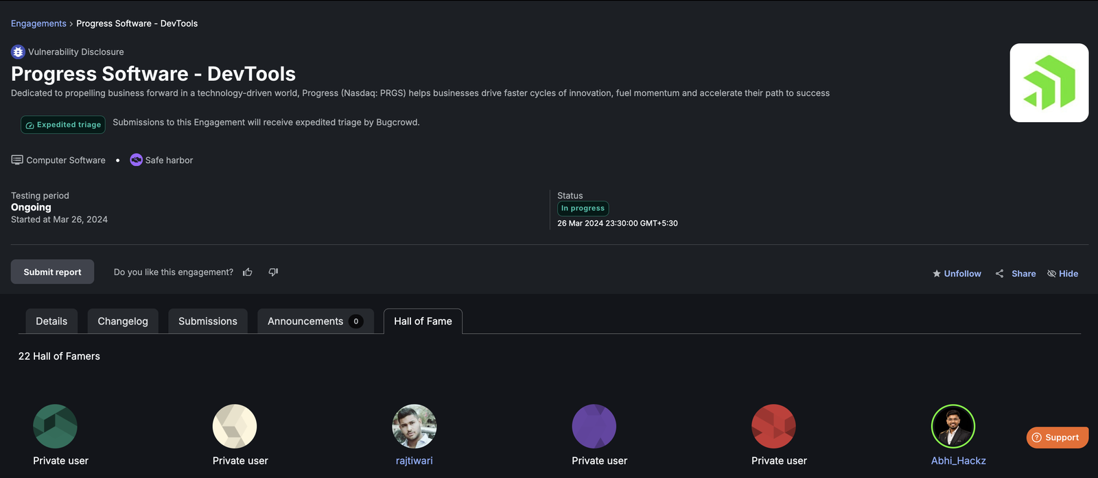 DevTools VDP Hall of Fame recognition on Bugcrowd for Abhishek Bhaskar (Abhi HackZ)
