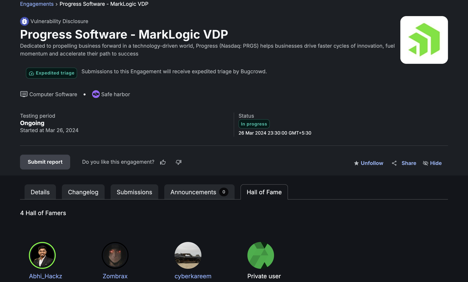 Progress MarkLogic VDP Hall of Fame recognition on Bugcrowd for Abhishek Bhaskar (Abhi HackZ)
