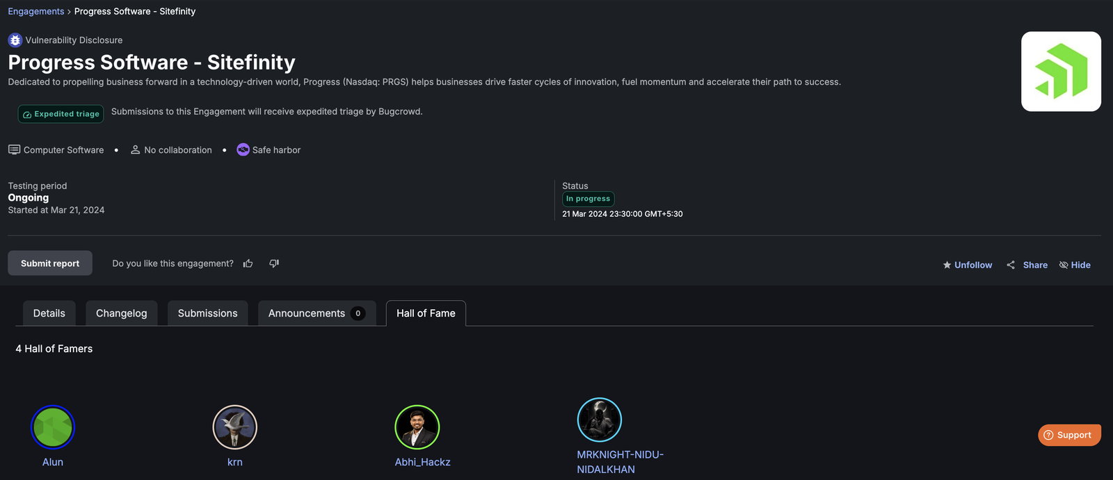 Progress Sitefinity VDP Hall of Fame recognition on Bugcrowd for Abhishek Bhaskar (Abhi HackZ)