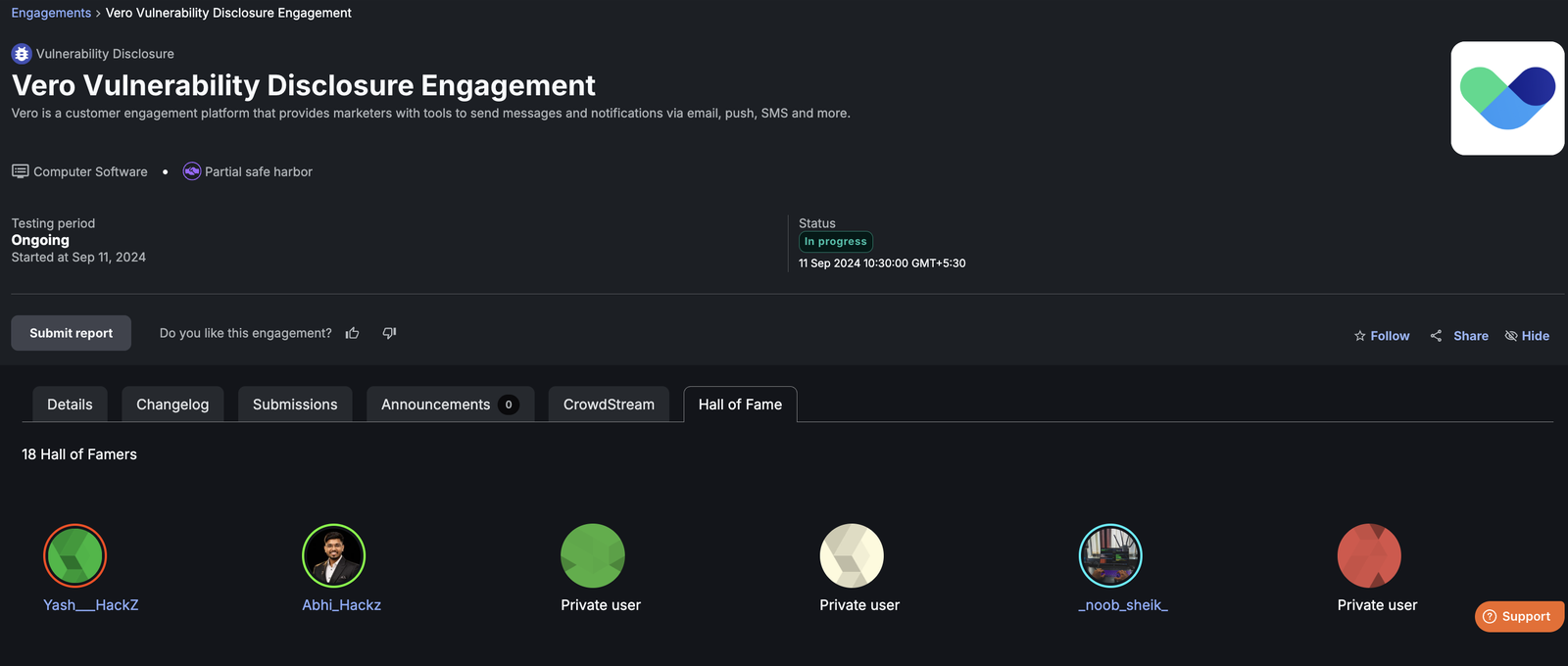 Vero VDP recognition on Bugcrowd for Abhishek Bhaskar (Abhi HackZ)