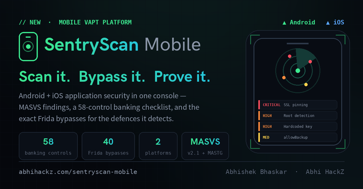 SentryScan Mobile console showing an APK scan with findings, the resilience matrix and the recommended bypass order