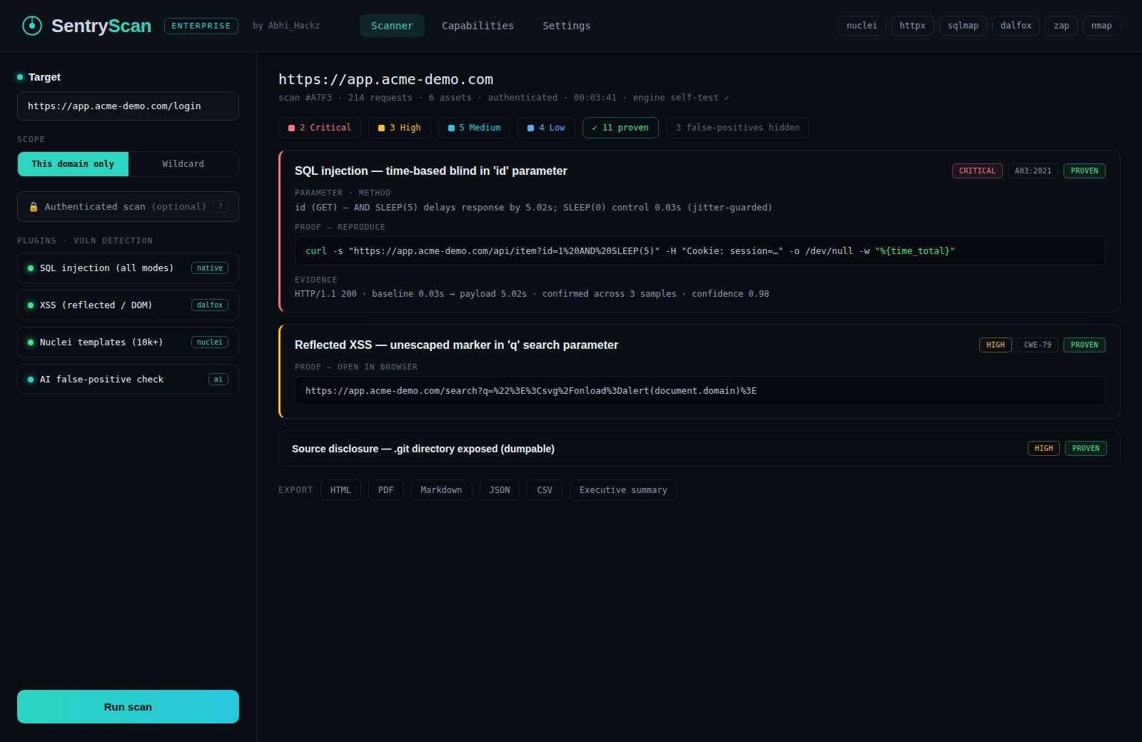 SentryScan console showing proven SQL injection and XSS findings with reproduction steps